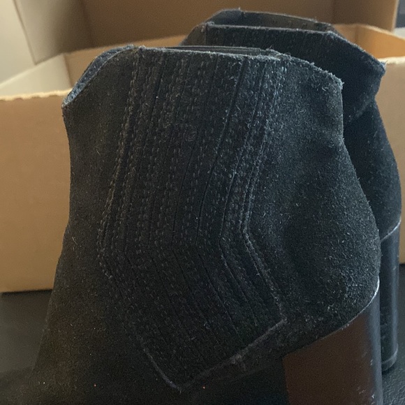 Black suede high heel ankle boots. Bought in Denmark Comfy Stacked 3 1/2” heel. - Picture 9 of 13